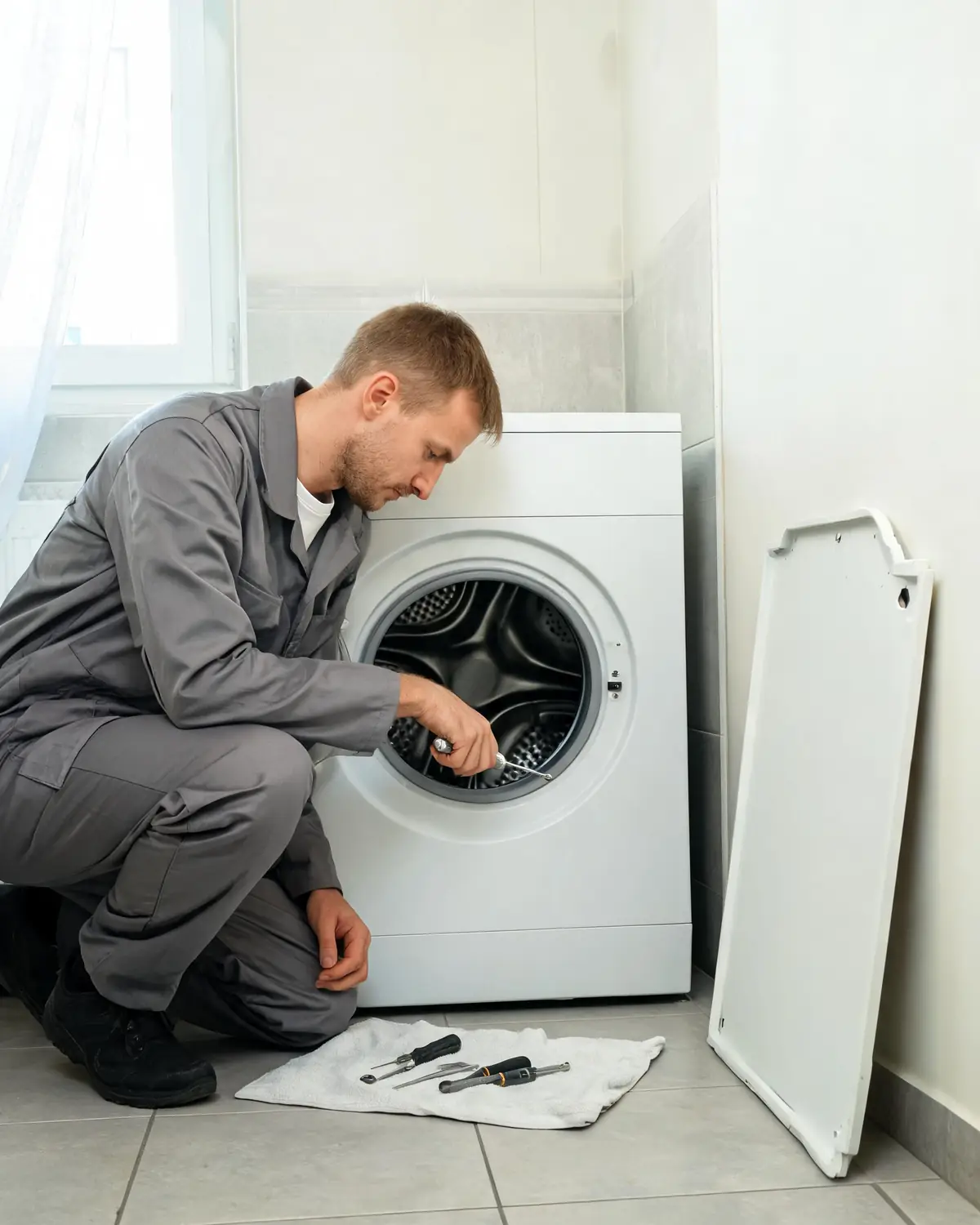 Мастер ремонтирует стиральную машину Electrolux